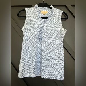 Sport Haley Sleeveless Ruffle Polo in White with Blue Pattern, Size XS